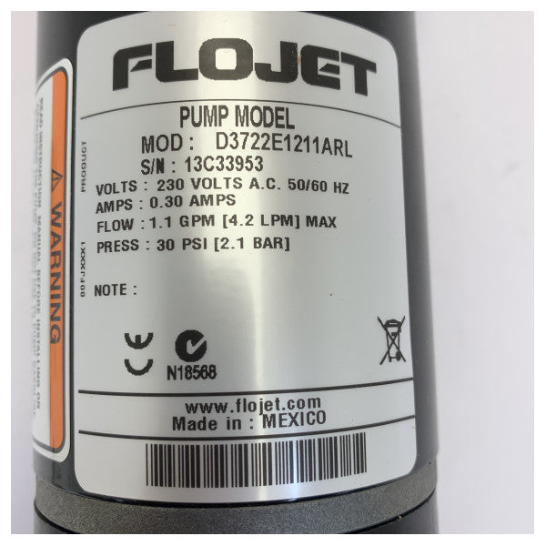 Flojet 600D3722E1 Diaphragm Pump 230V 4.2L/min 30 PSI