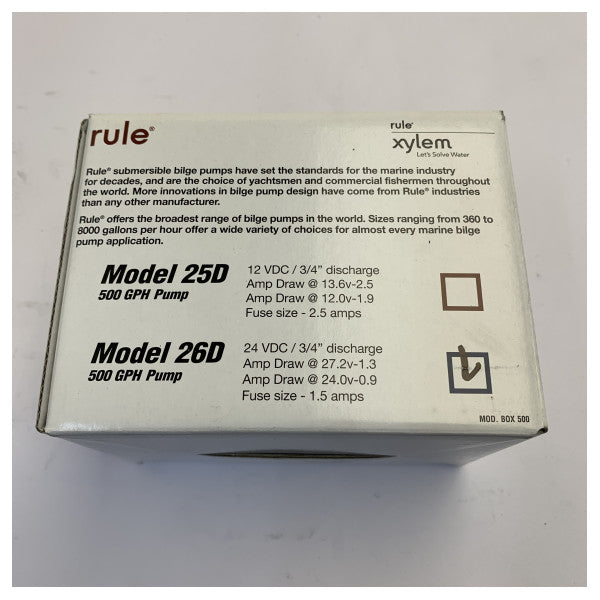 مضخة بيلج Rule 500 GPH 24V - الطراز 26D - مضخة بيلج بحرية