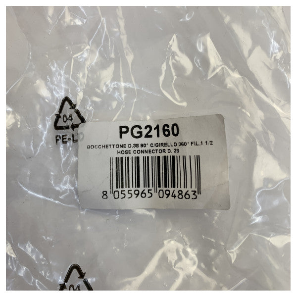 Conector de manguera de acoplamiento de tanque de 90° 38mm - Incluyendo juntas tóricas