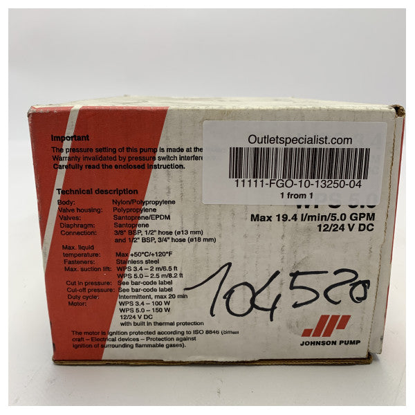 Johnson WPS 3.4 13 L/min Hydrofoor ferskvannspumpe 24V-10-13250-04