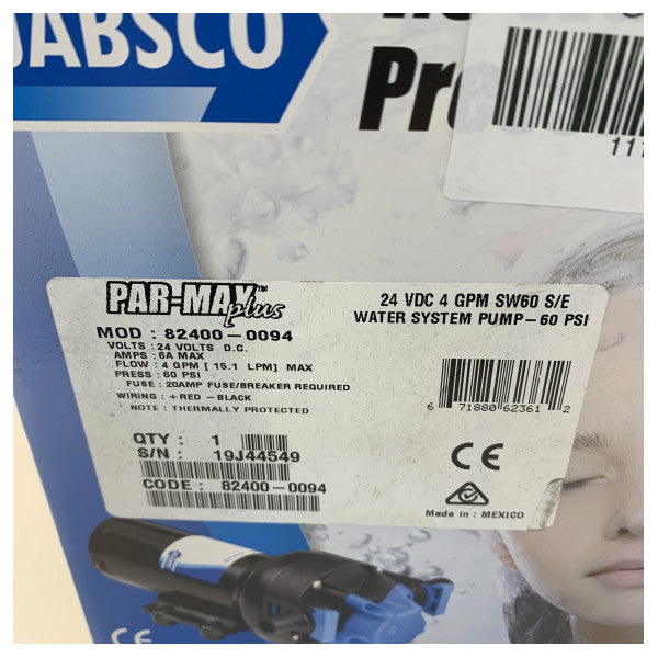 Jabsco 82400-0094 Par-Max 4.0 PLUS ferskvandspumpe 24V 60PSI - 15 lpm