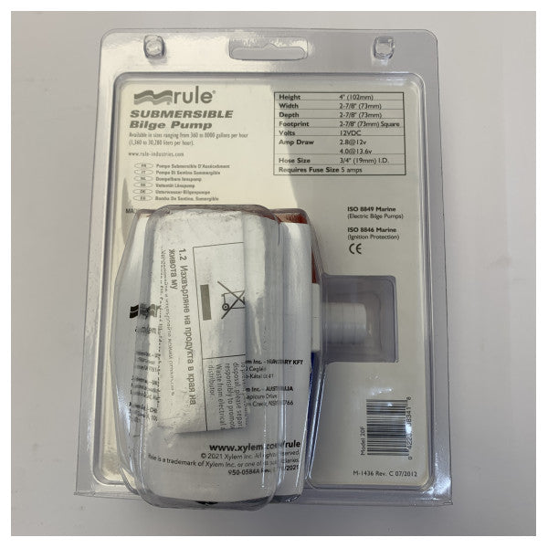 Bomba de achique marina sumergible Rule 800 GPH 12V - Serie Square 20F