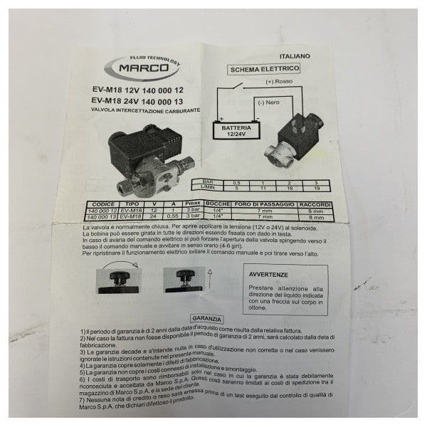 Zestaw zaworu elektromagnetycznego morskiego Marco 12V 1/4 cala 8 mm R.I.NA. Certified - 11111-X51-140