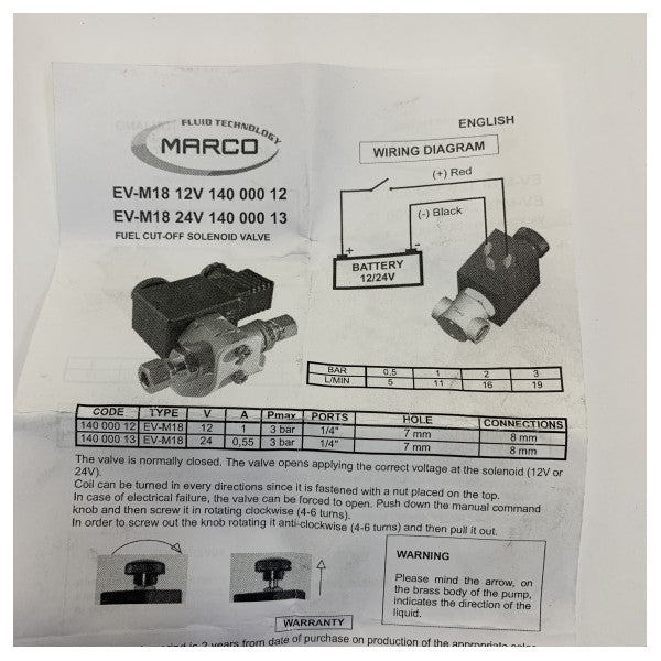 Válvula solenoide Marco Marine 24V 1/4 pulgada 8 mm certificada R.I.NA. con conector DIN