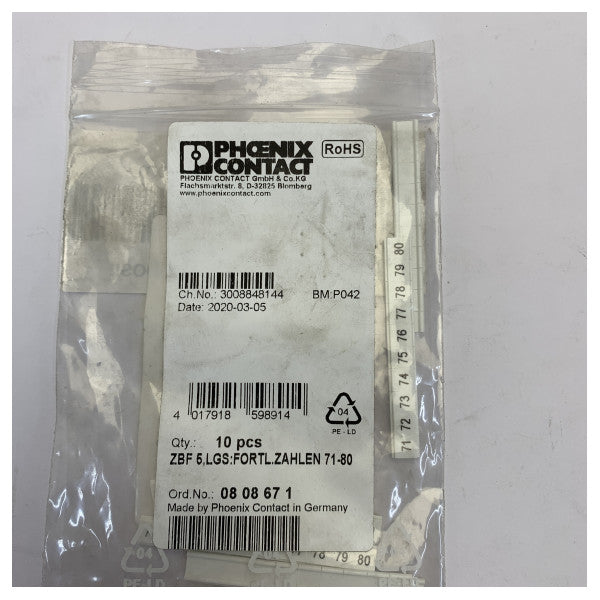 Phoenix Contact ZBF 5 Zack Marker Strip 71-80 Flat Terminal Marking - 0808642:0071 - 10pcs