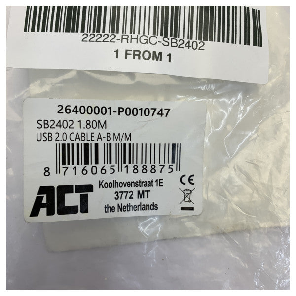 Kejbil ACT USB 2.0 USB-A maskili għal USB-B maskili 1.8m - Kejbil tad-Data għall-Elettronika Marittima