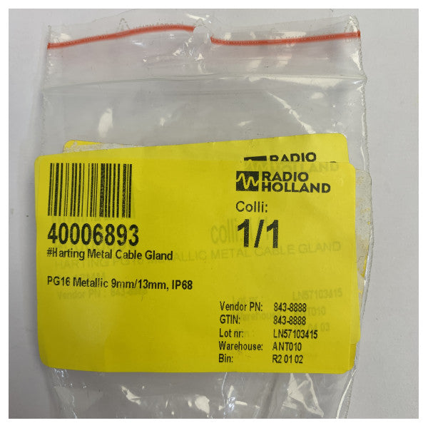 Harting PG16 Metall-Kabelverschraubung IP68 - 9 mm-13 mm korrosionsbeständig