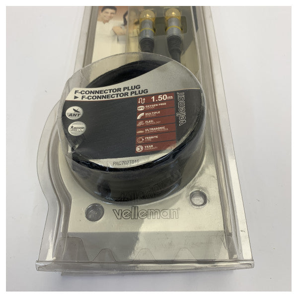 Velleman Câble coaxial F mâle à mâle de 1,5 m avec connecteurs plaqués or PAC702T0