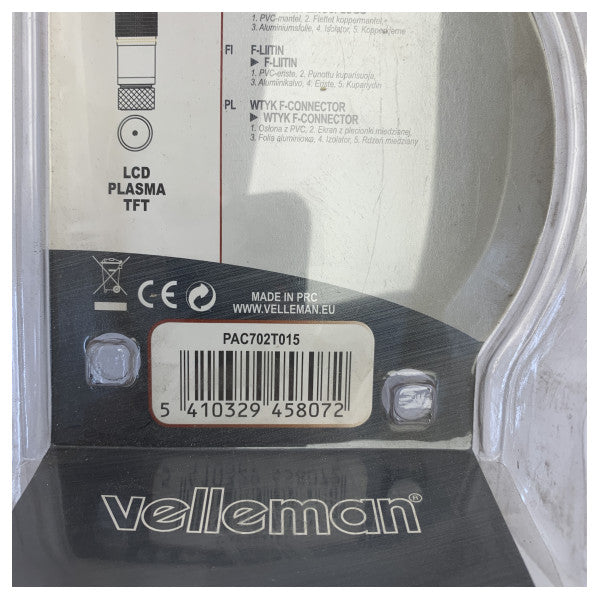 Velleman Câble coaxial F mâle à mâle de 1,5 m avec connecteurs plaqués or PAC702T0