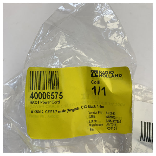 Cabo de alimentação ACT AK5012 1,5 m CEE7/7 macho em ângulo para conector C13
