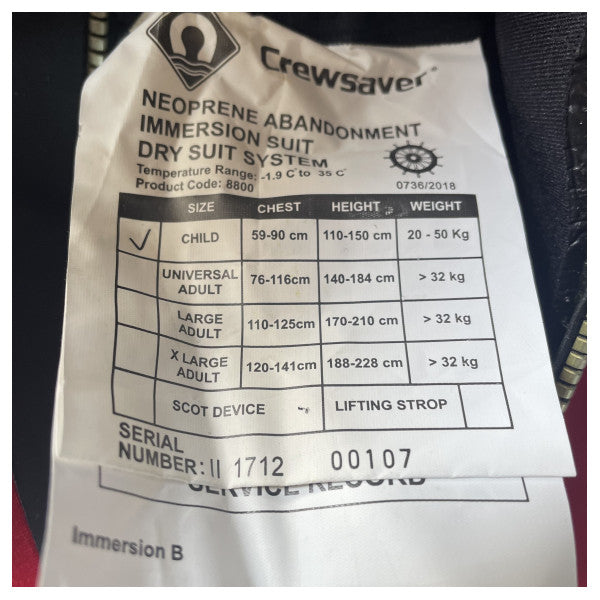 Vêtement de plongée en néoprène Viking Child Immersion Suit SOLAS 8800 pour enfants de 110 à 150 cm