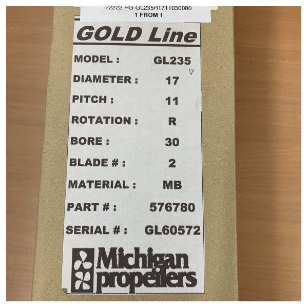 Michigan Propellers 2-Blade Brass GL235 Propeller 17x11 RH 30mm - 576780