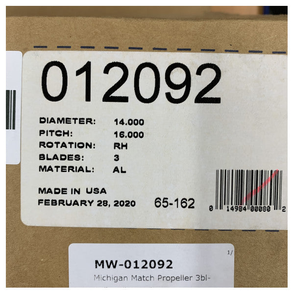 Michigan Match 3-blads aluminiumsbåtpropell 14x16 RH 12092