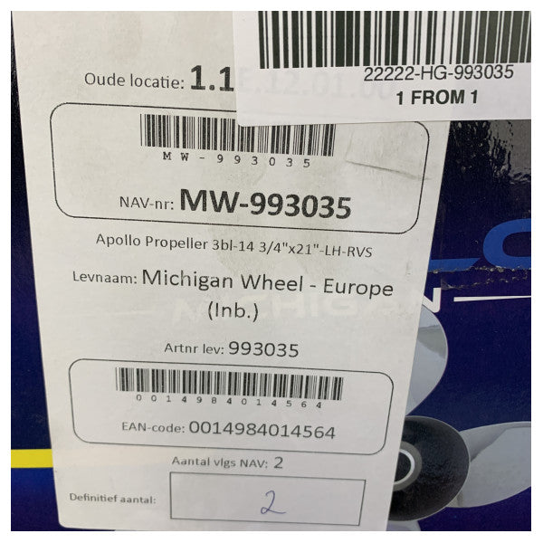 Michigan Apollo 3-bladet rustfri stålpropel 14 3/4 x 21 LH - 993035
