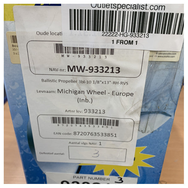 Michigan Ballistic 3-blads propell i rustfritt stål 10 1/8 x 13 RH - 933213