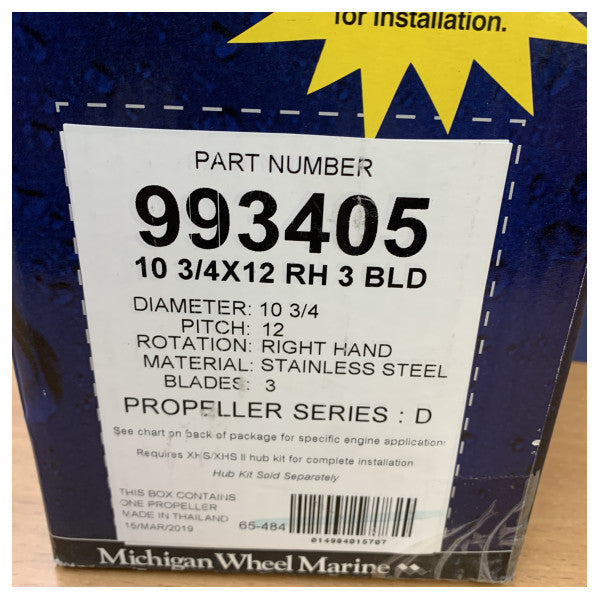 Michigan Apollo 3-blads propell i rustfritt stål 10 3/4 x 12 RH - 993405