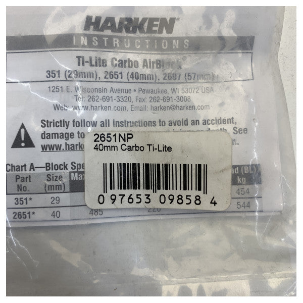 Harken كتلة Carbo Ti-Lite 40 مم - كتلة يخت بربط لين للحمل العالي - 2651NP