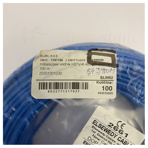 Cable marino Vodnik H07V-K 4mm2 azul cielo 100 m