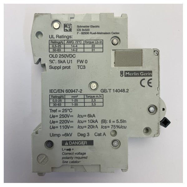 Schneider Electric C60H-DC B16A Miniature Circuit Breaker 16A 250VDC