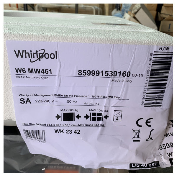 Комбінована мікрохвильова піч Whirlpool W6 MW461 40 л, вбудована мікрохвильова піч 900 Вт