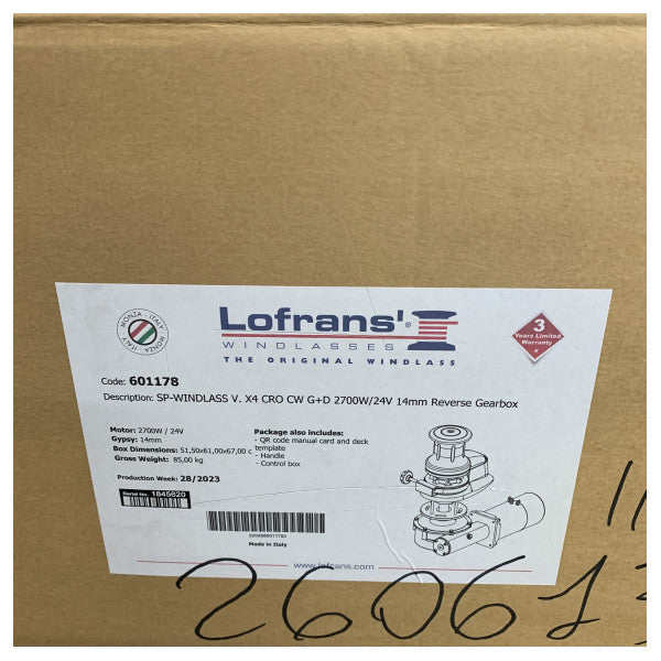 Lofrans X4 مرساة رأسية 2.7 كيلوواط 24 فولت 14 مم ISO4565 بمحرك قابل للعكس RH