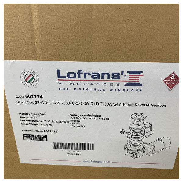 ونش مرساة عمودي Lofrans X4 بقدرة 2.7 كيلوواط 24 فولت 14 مم ISO4565 بمحرك عكسي LH