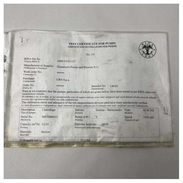 Gianneschi ACM502 BT/3 9.2 KW 400V 50HZ RINA πιστοποιημένη αντλία αυτόματης πλήρωσης