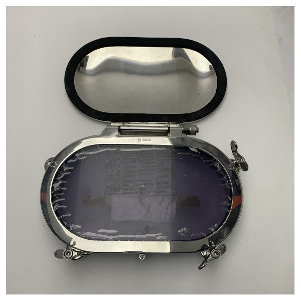 Nemo 218.760/OC160DX ovaali ruostumattomasta teräksestä valmistettu avattava ikkuna 235 x 435 mm.