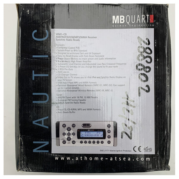 Récepteur CD Mini HiFi MB Quart WM1 étanche - Système audio de bateau haute puissance 4x50W avec USB, AM/FM, et prêt pour la radio satellite