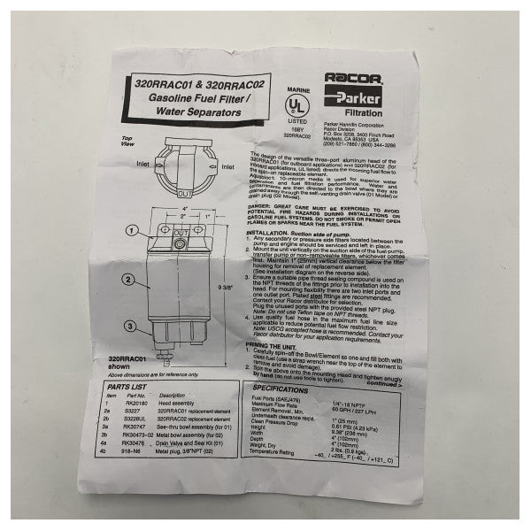 Parker Racor Marine Spin-On Filtro Separador de Água e Combustível FF/WS 320R-RAC-01 para Motores fora de borda