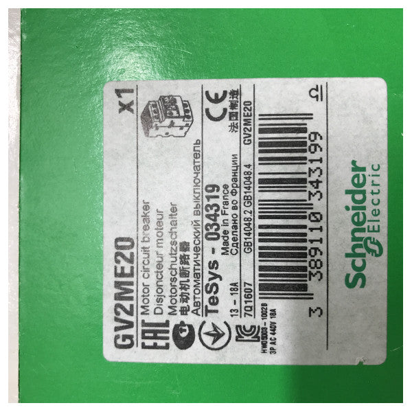 Schneider Electricin säädettävä moottorin suojakytkin GV2ME20 merenkulkuun ja teollisuuskäyttöön.