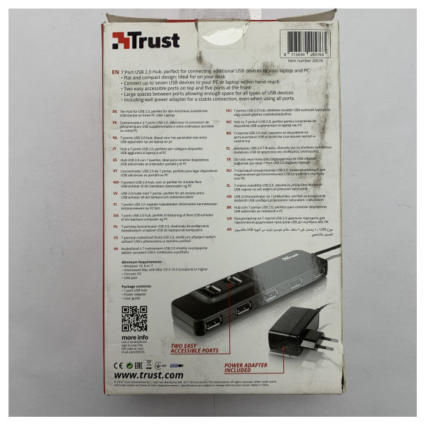 Korkealaatuinen 7-porttinen USB 2.0 -keskitin virtalähteellä ���� Kompakti ja luotettava PC- ja kannettavien tietokoneiden liitettävyyteen