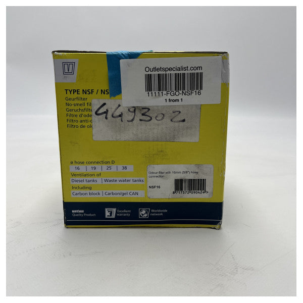 Vetus Odour Filter for Diesel and Wastewater Tanks with Carbon Block Technology - NSF16 (Filtre à odeurs pour réservoirs de diesel et d'eaux usées avec technologie de bloc de carbone)