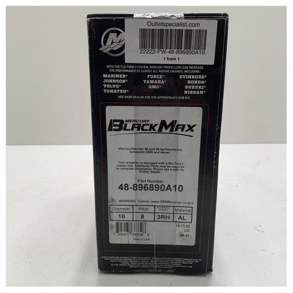 مروحة Mercury Black Max ذات 3 شفرات من الألومنيوم 10 × 8 بوصة - 48-896890A10