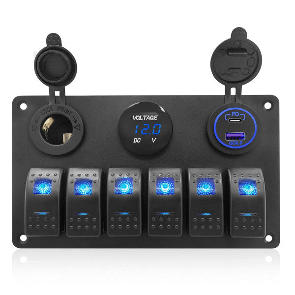 Allpa Deluxe 6-Switch 12V Marine Control Panel with Integrated Voltage Display for Boats - 2814