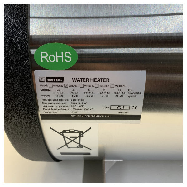 Vetus WHD031 Boiler 1500W 31L Edelstahl 230V