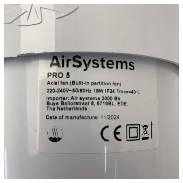 エアシステム PRO-5 軸流インラインファン 18W 230V IP24 ホワイト