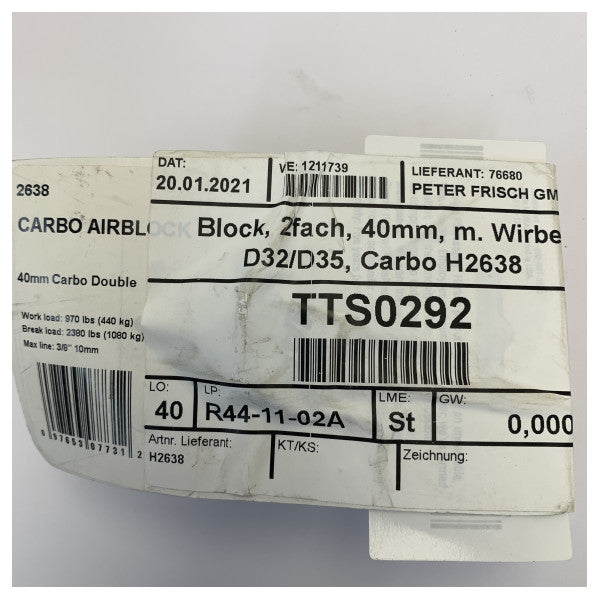 Harken Carbo H2638 Bloque de doble polea de 40 mm con giro