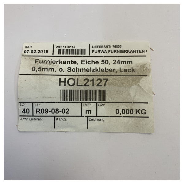 Biselado de chapa de roble 24mm x 0.5mm - Sin adhesivo termofusible