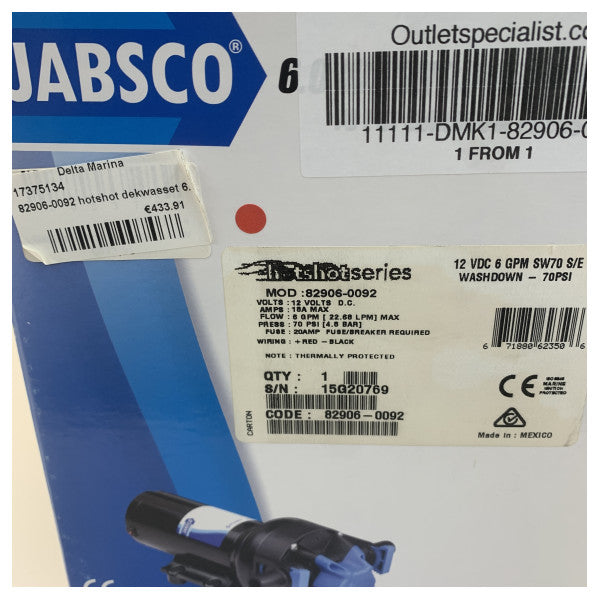 Jabsco 82906-0092 Hotshot Washdown Pump Kit 22L/m 12V