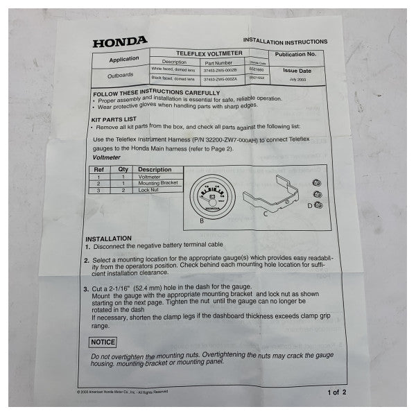Wskaźnik napięcia silnika Honda Marine 12V - 37450-ZW5-004SK