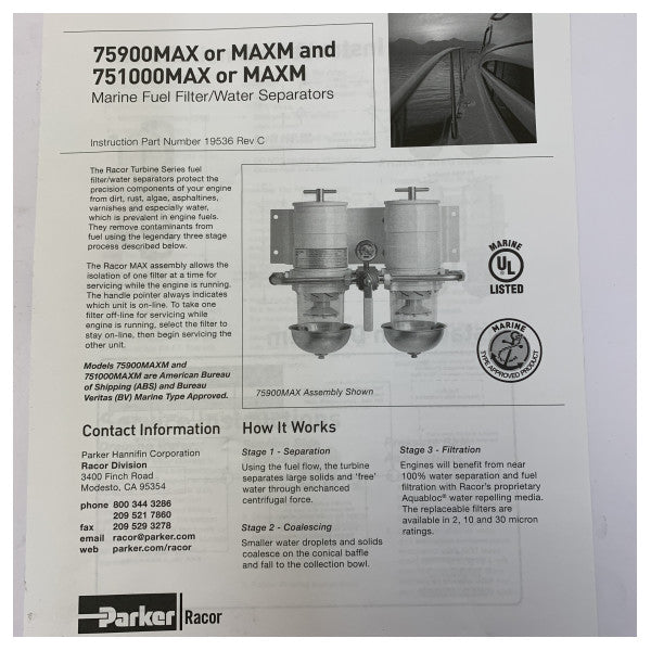 Паливний фільтр Parker Racor 751000MAXM з подвійним фільтром та сепаратором води - 30 мікрон