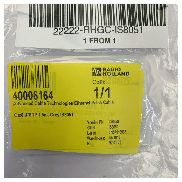 Advanced Cable Technologies كابل إيثرنت Cat6 U/UTP بطول 1.5 م، رمادي IS8051