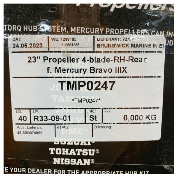 クイックシルバー プロペラ 4ブレード 23 x 15インチ 右用 ブラボー 3X