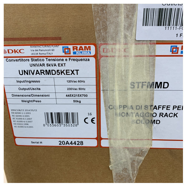 Convertitore di frequenza DKC 120 a 230V 50Hz 5kVA 3.5kW - UNIVARMD5KEXT