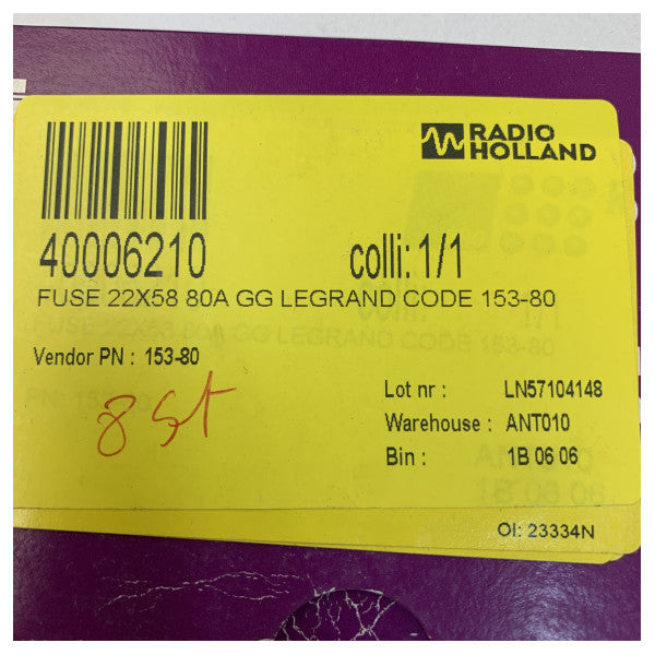 レグラン 153-80 ブレードカートリッジヒューズ 22x58mm 80A gG