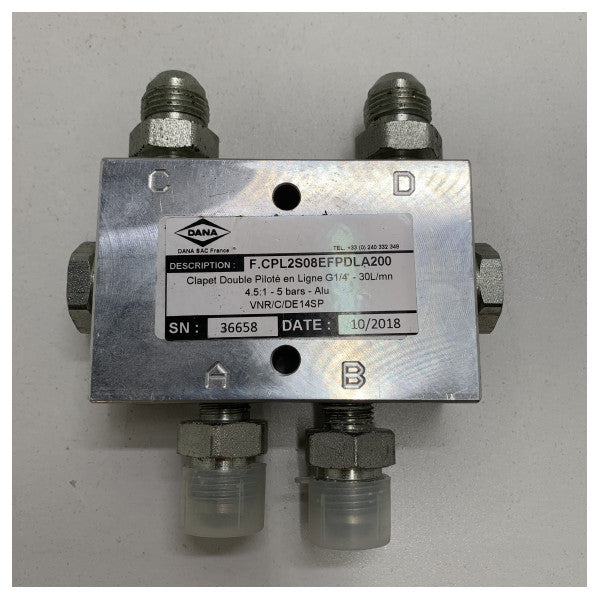 船舶用油圧ダブルパイロットバルブ DANA F.CPL2S08EFPDLA200 - 耐久アルミニウム製 30L/分、5バール