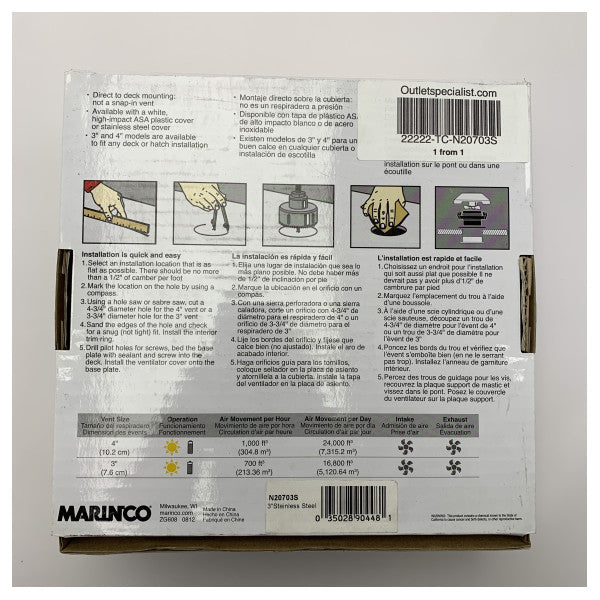 Marinco 3-tums solfläkt i rostfritt stål för dag och natt - N20703S