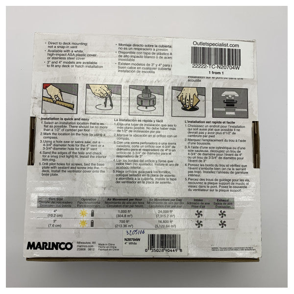 Marinco 4 tommers hvit dag | Night Solar Ventilator - N20704W