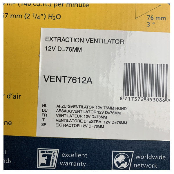 Vetus VENT7612A svart motorrom ventilator D76 mm 12V